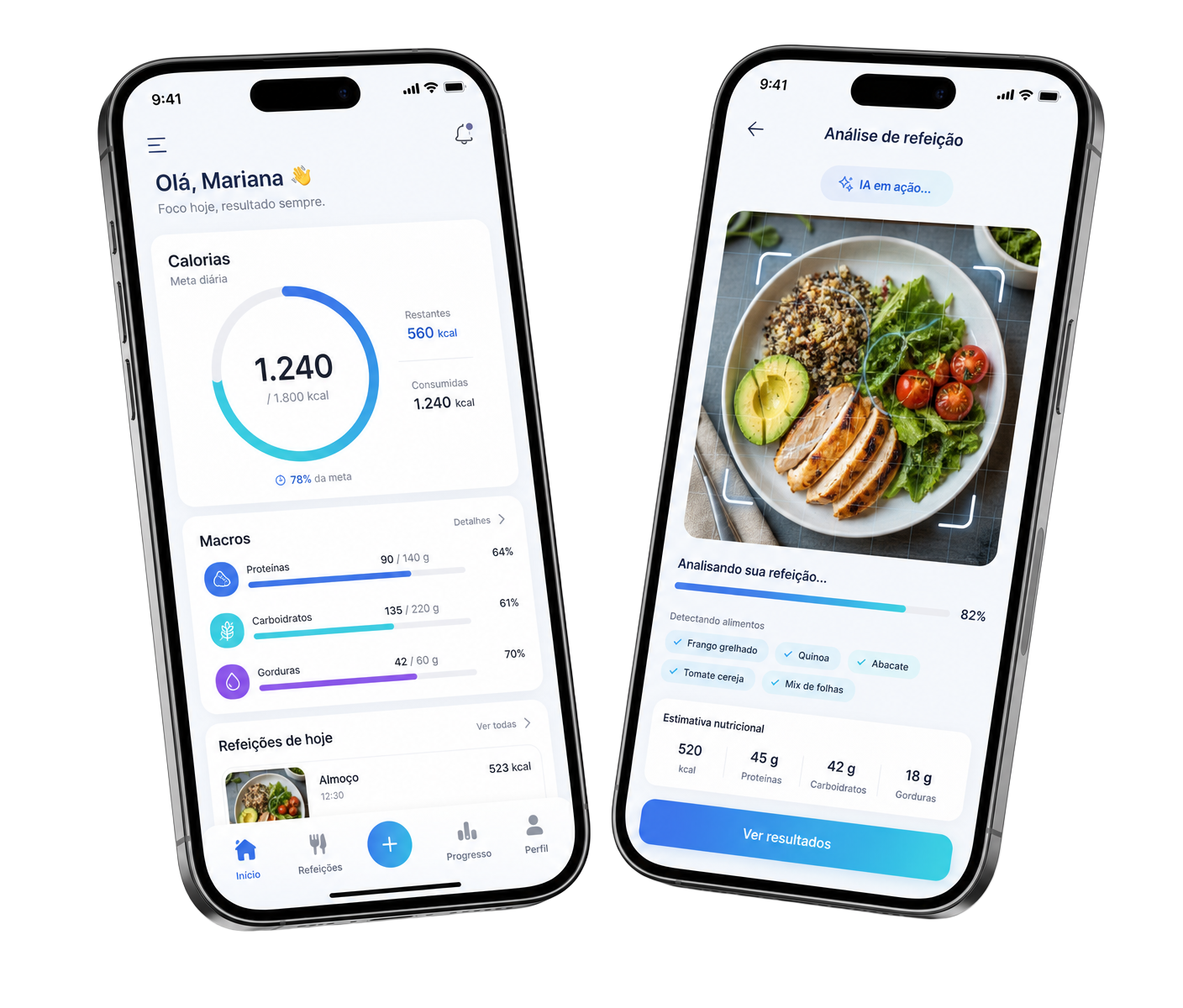 Telas do aplicativo BeFitWay mostrando calorias, macros e análise de refeição